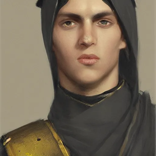 Image similar to Medium closeup young idealistic and pious male Imperial soldier wearing a black tabard with light yellow accents over a gambeson and a steel open helm, by Raymond Swanland Greg Rutkowski Lise Deharm, {perfect face}, {perfect eyes}