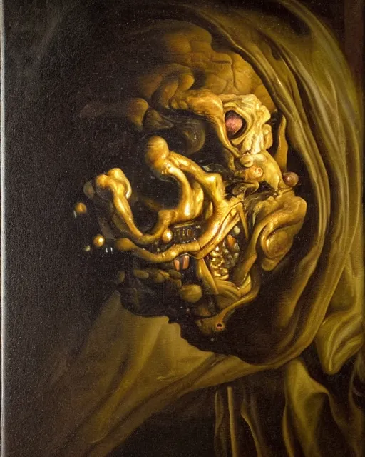 Image similar to refined gorgeous masterwork oil painting with black background by christian rex van minnen rachel ruysch dali todd schorr of a chiaroscuro portrait of an extremely bizarre disturbing mutated man with shiny skin acne dutch golden age vanitas intense chiaroscuro cast shadows obscuring features dramatic lighting perfect composition masterpiece