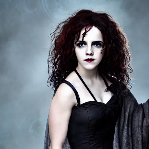 Image similar to Bellatrix Lestrange cosplay by Emma Watson, 8k, professional photography, cinematic studio shot, dark, smoke