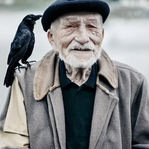 Image similar to an elderly man holding a raven, canon eos r 3, f / 1. 4, iso 2 0 0, 1 / 1 6 0 s, 8 k, raw, unedited, symmetrical balance, in - frame