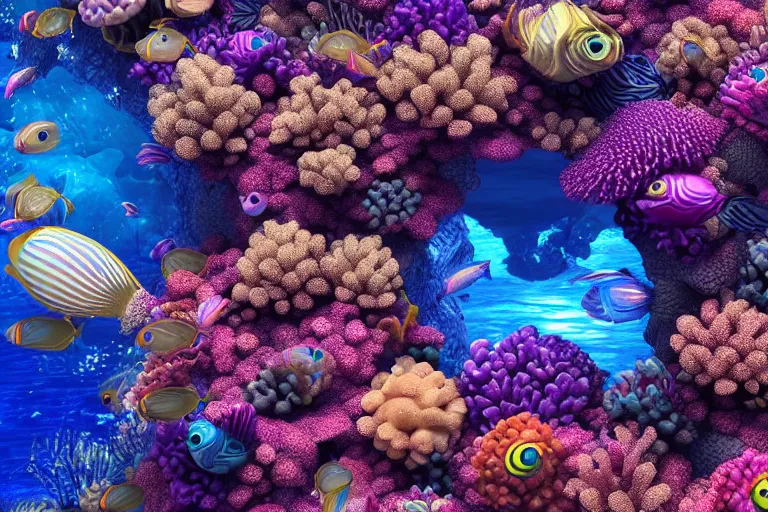 Image similar to stunning ultra realist waves underwater curiosities reflections and refractions corals and fishes carnival, symmetry accurate features, focus, very intricate ultrafine details, blue purple aqua colors, award winning masterpiece, octane render