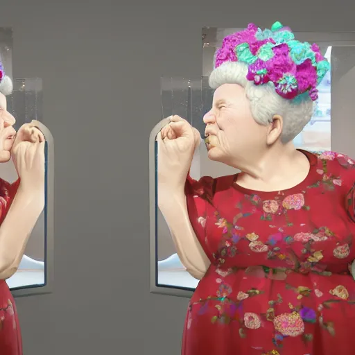 Image similar to of a very funny scene. ambient occlusion render. a sweet fat old woman is in kissing her reflection. flowery dress. mirror. symmetrical face, red mouth, blue eyes. deep focus, lovely scene. ambient occlusion render. concept art. unreal engine.