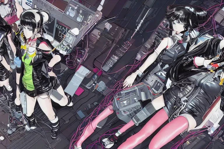 Image similar to a cyberpunk illustration of a group of four super-coherent female androids dressed in seifuku in style of masamune shirow, lying scattered across an empty, white floor with their bodies rotated in different poses and cables and wires coming out, by yukito kishiro and katsuhiro otomo, hyper-detailed, intricate, view from above, colorful