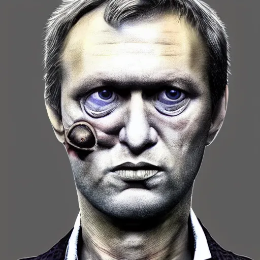 Image similar to Bodyhorror portrait by H.R.Giger of Alexei Navalny who became a degenerate horror Abomination, photo-realistic, color image, 2K, highly detailed