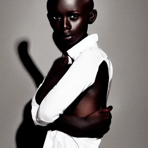 Prompt: a photograph of a quenian young dark skined bald woman wearing a white shirt, looking at the camera, by terry richardson, 4k, award wining, fashion magazine