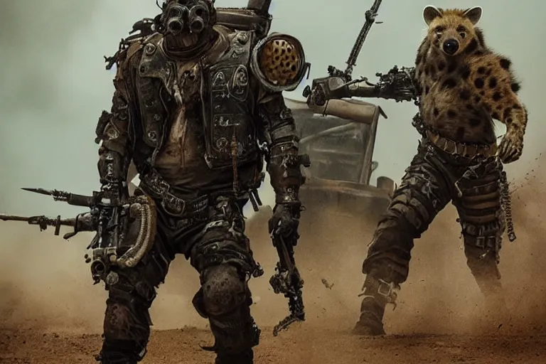 Image similar to a good ol'hyena fursona ( from the furry fandom ), heavily armed and armored facing down armageddon in a dark and gritty version from the makers of mad max : fury road. witness me.