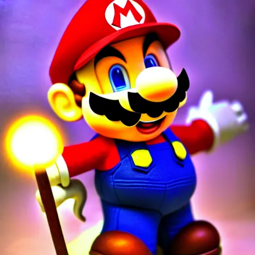 Prompt: super mario as a wizard holding a magical glowing staff, highly detailed, extremely high quality, hd, 4 k, 8 k, professional photographer, 4 0 mp, lifelike, top - rated, award winning, realistic, detailed lighting, detailed shadows, sharp, no blur, edited, corrected, trending