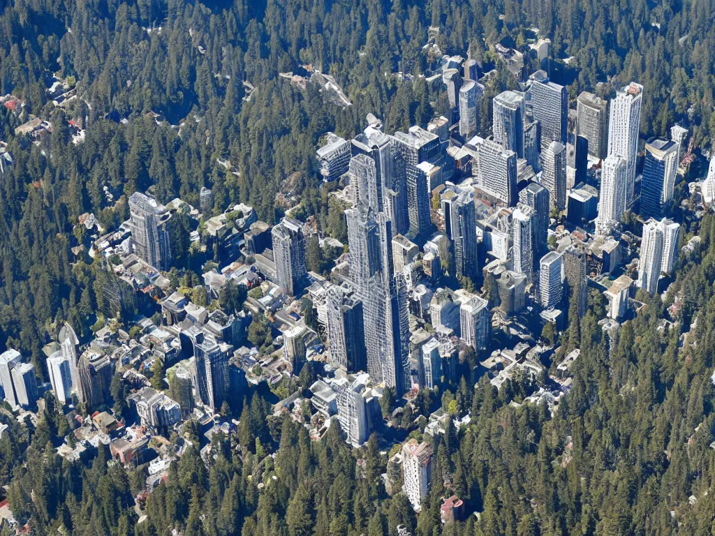 Image similar to bird's eye view photo of a metropolis highrise city, redwood forest to the south