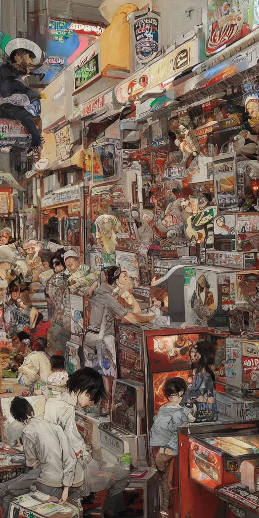 Image similar to oil painting scene from amusement arcade by kim jung gi