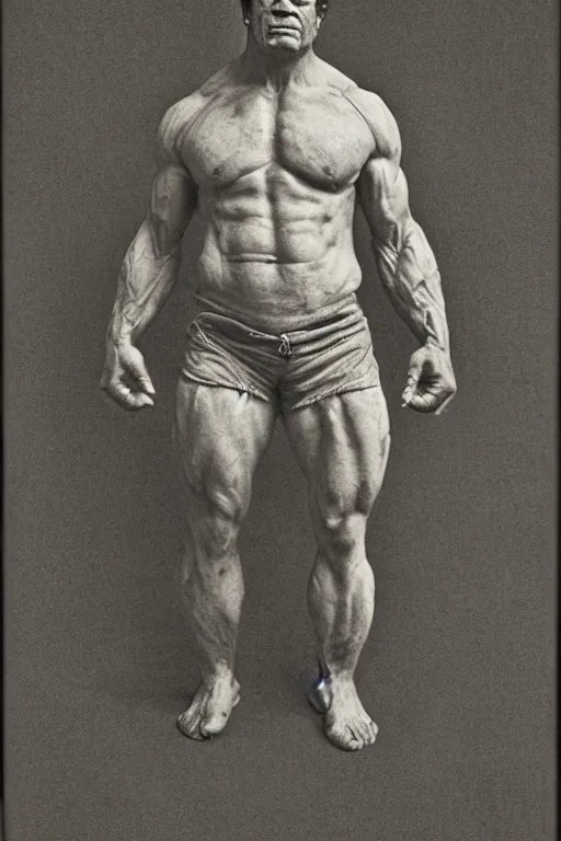 Image similar to the incredible hulk, portrait, full body, symmetrical features, silver iodide, 1 8 8 0 photograph, sepia tone, aged paper, master prime lenses, cinematic