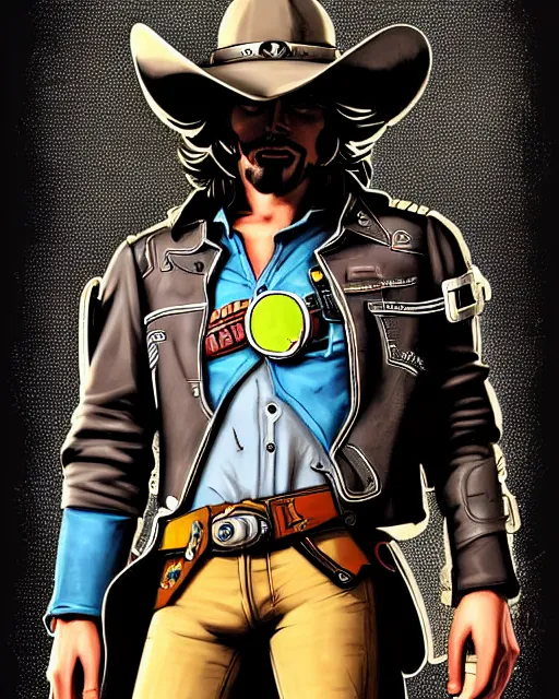 Image similar to mccree from overwatch, cyber space cowboy, eye patch, cigar, outter space, cyber armor, character portrait, portrait, close up, concept art, intricate details, highly detailed, vintage sci - fi poster, retro future, vintage sci - fi art, in the style of chris foss, rodger dean, moebius, michael whelan, and gustave dore