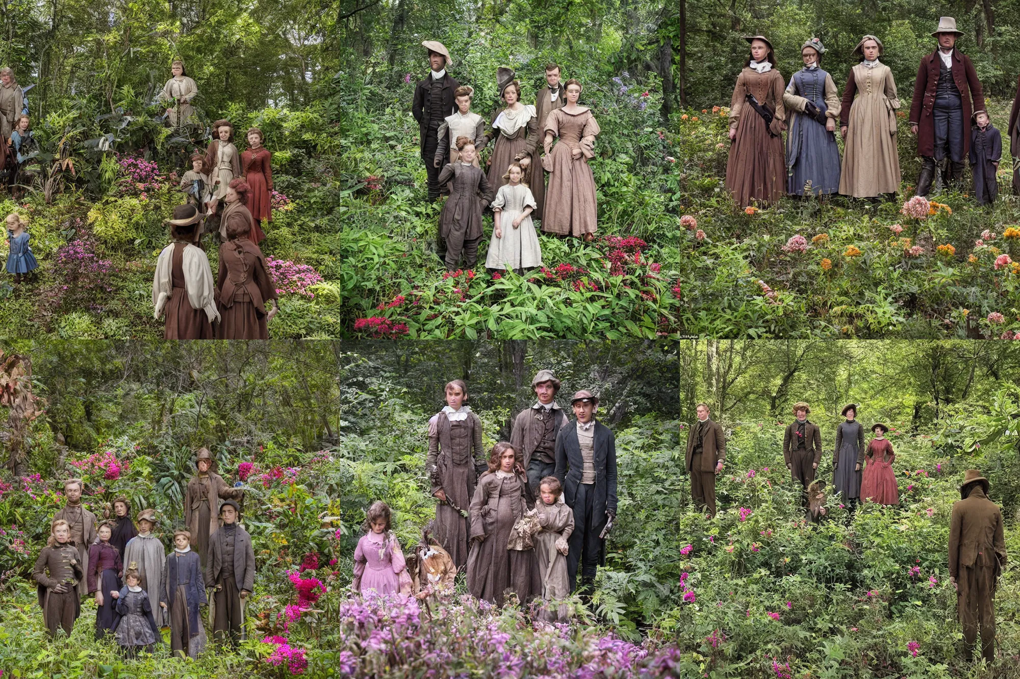 Prompt: sharp, highly detailed, 32768k film, 31500mm film still from a sci fi blockbuster color movie made in 2019, set in 1860, of a family standing in a park, next to some strange alien plants and flowers, on an alien planet, the family are all wearing 1860s era clothes, good lighting, good photography, in focus, 35mm macro lens