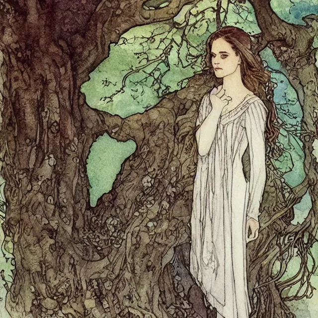 Prompt: a detailed, intricate watercolor and ink portrait illustration with fine lines, of a lovely, pretty, young alicia vikander in a dress reading under a gnarled tree, by arthur rackham and edmund dulac and mucha