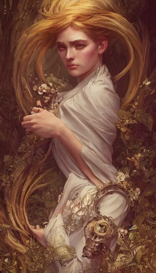 Image similar to twisted fairytale, fibonacci, sweat drops, insane, intricate, highly detailed, digital painting, artstation, concept art, smooth, sharp focus, illustration, Unreal Engine 5, 8K, art by artgerm and greg rutkowski and alphonse mucha