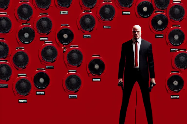 Image similar to an expressive portrait of agent 4 7 from hitman wearing headphones standing in front of a wall of vinyl records, speakers and cables, dark background, red rim light, digital art, artstation, concept art by giger stalenhag