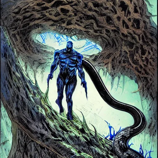 Prompt: blue by neal adams evocative, somber. a computer art of a large, looming creature with a long, snake body. many large, sharp teeth, & eyes glow. wrapped around a large tree, bent under the weight. small figure in foreground, a sword, dwarfed by the size of the creature.