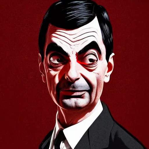 Image similar to a comic portrait of mr. bean with black and red parts, realistic shaded perfect face, fine details. night setting. very anime style. realistic shaded lighting poster by ilya kuvshinov katsuhiro, unreal engine, global illumination, radiant light, detailed and intricate environment