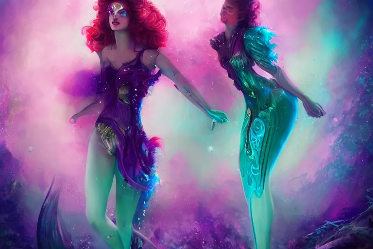 Prompt: tom bagshaw inspired, ultra realist portrait waves miniaturesdiamonds and rubies gems underwater curiosities reflections and refractions carnival, a single very beautiful enchantress in full underwater armor, symmetry accurate features, focus, very intricate ultrafine details, green purple aqua volumetric lights, award winning masterpiece, octane render 8 k hd