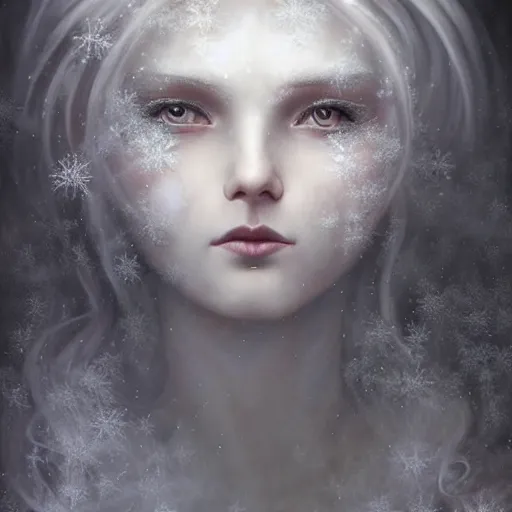 Image similar to Beautiful Delicate dark art Detailed full head portrait of snow woman, With Magical grey eyes by Tom Bagshaw, Bastien Lecouffe Deharme, Erik Johansson, Amanda Sage, Alex Grey, Alphonse Mucha, Harry Clarke, Josephine Wall and Pino Daeni, Delicate winter frozen creature With long white grey windy Hair and Magical Sparkling Eyes, Magic Particles; Magic Swirls, in a out of this world magical frozen landscape, 4K; 64 megapixels; 8K resolution concept art; detailed painting; digital illustration; hyperrealism; trending on Artstation; Unreal Engine Photorealistic, lifelike, Unreal Engine, sharp, sharpness, detailed, 8K