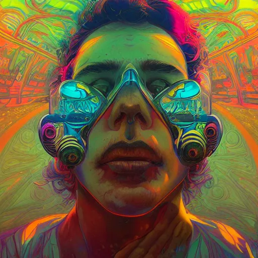 Image similar to An extremely psychedelic experience, colorful, surreal, dramatic lighting, cosmonaut, LSD, face, detailed, intricate, elegant, highly detailed, digital painting, artstation, concept art, smooth, sharp focus, illustration, art by Sam Spratt, Dan Mumford, Artem Demura and Alphonse Mucha