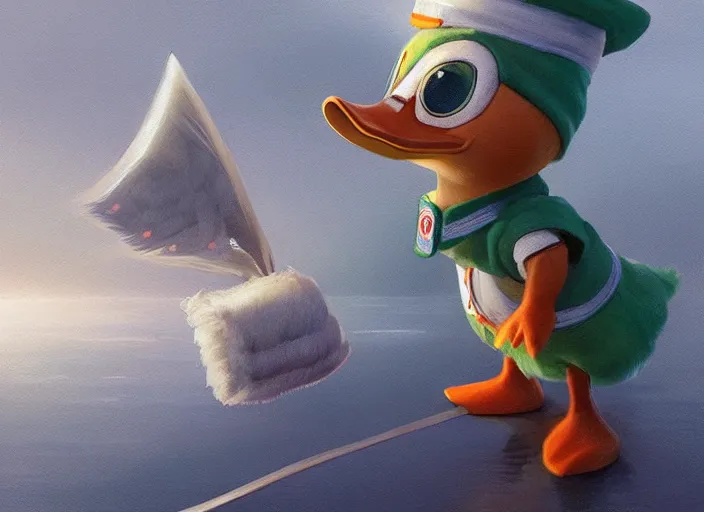 Image similar to award - winning detailed concept art of a cute iconic anthropomorphic little duck character wearing a sailor suit. art by wlop on bcy. net, realistic. detailed feathers, art by cheng yi. artstationhd, artgerm, disney pixar