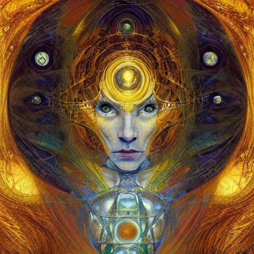 Prompt: a beautiful visionary portrait of Divine Chaos Engine by Karol Bak, Jean Deville, Gustav Klimt, and Vincent Van Gogh, sacred geometry, mystic, spiritual, fractal structures, ornate gilded medieval icon, third eye, spirals