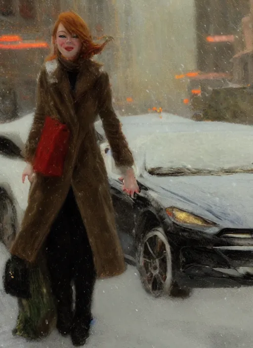 Image similar to emma stone getting out of a taxi in winter, artwork by gaston bussiere, craig mullins, trending on artstation