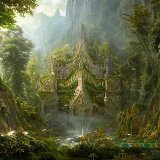 Image similar to a beautiful and highly detailed matte painting of an elven temple in a magical fantasy garden in a lush forest in the mystical mountains, celtic knots, intricate details, epic scale, insanely complex, 8 k, sharp focus, hyperrealism, very realistic, by caspar friedrich, albert bierstadt, james gurney, brian froud,