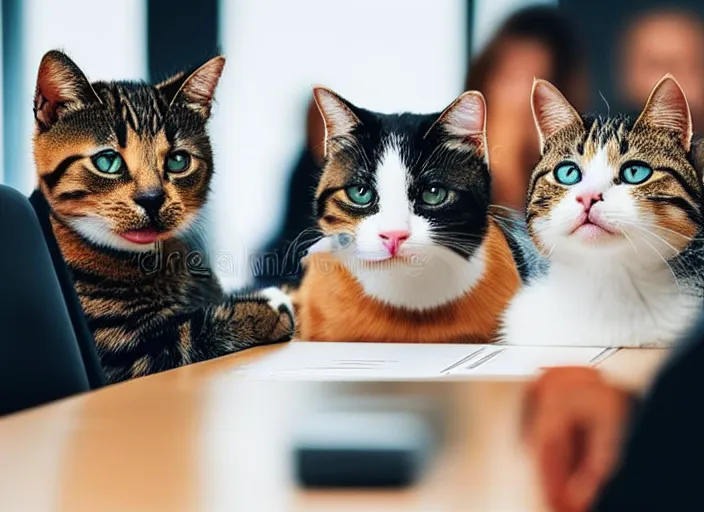 Image similar to photo of cats attending a management board meeting. Highly detailed 8k. Intricate. Sony a7r iv 55mm. Stock photo.