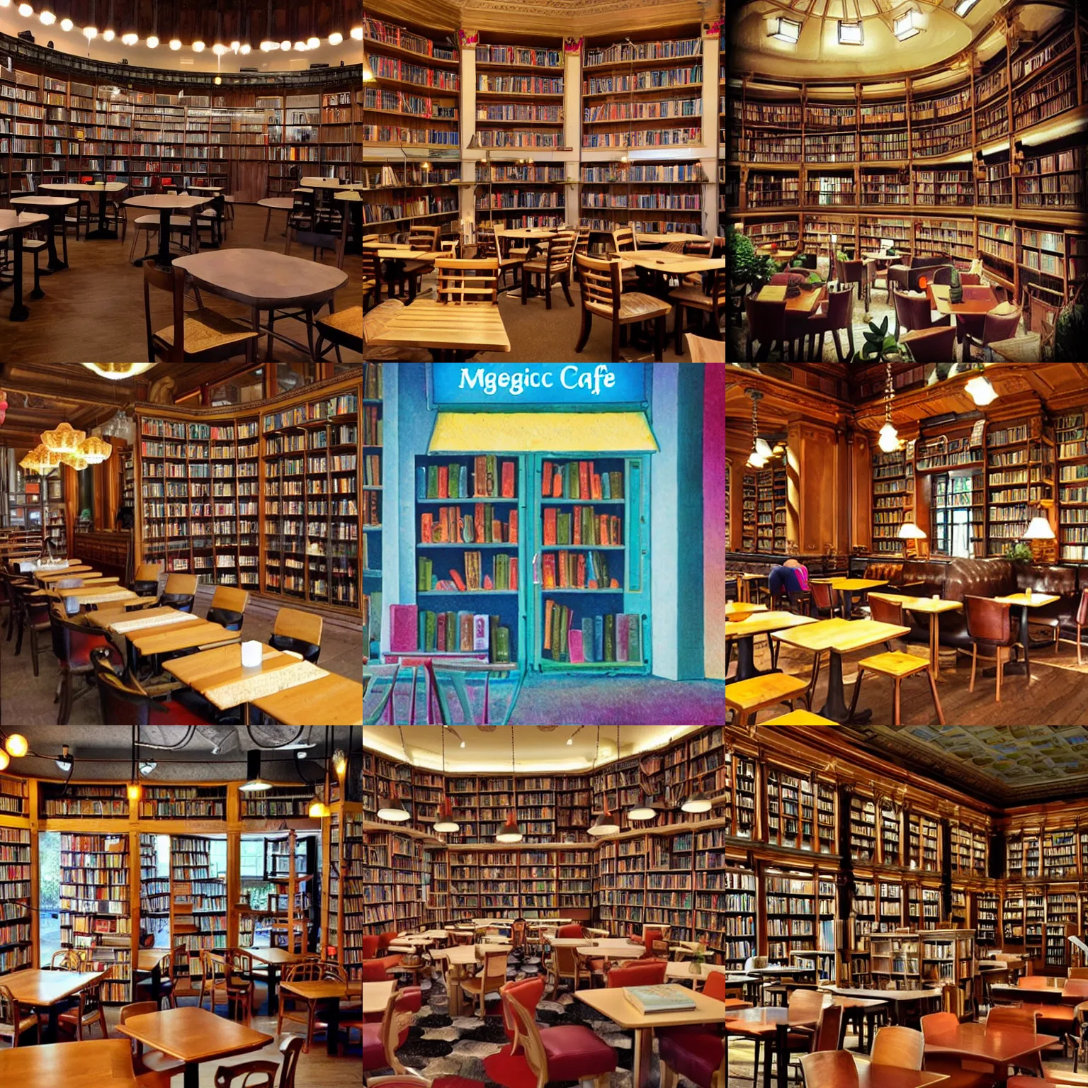 Prompt: magical library cafe