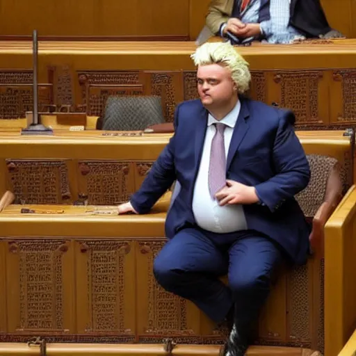 Prompt: obese geert wilders sitting in parliament bench