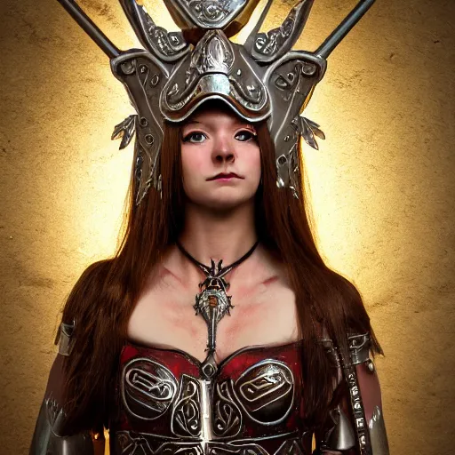 Image similar to a female valkryie, pronounced nordic feminine features, midriff, ornate metal chest plate with nordic religious decorations, low dutch angle, face in focus, natural lighting, realism, feminine and muscular