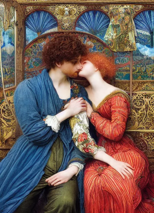 Image similar to detailed colourful masterpiece of intricate preraphaelite art novueau photography couple portrait sat down extreme closeup, love, inside an underwater train, detailed realistic expressions, wearing unusual clothes, by ford madox brown and frederic leighton, ultra wide angle