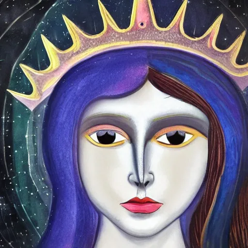 Image similar to Artemixel, the modern reincarnation of the old selenium god of hunt and moon, also known as Artemis the Selene, carrying the Crown of the Crescent Moon, wich has a bright and slightly bluish crescent like the brightness of the night. Portrait by Nicola Samuri