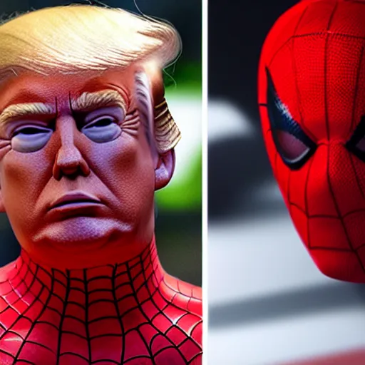 Image similar to Donald Trump in Spidermans body without mask, hyper realistic photography, 8k,