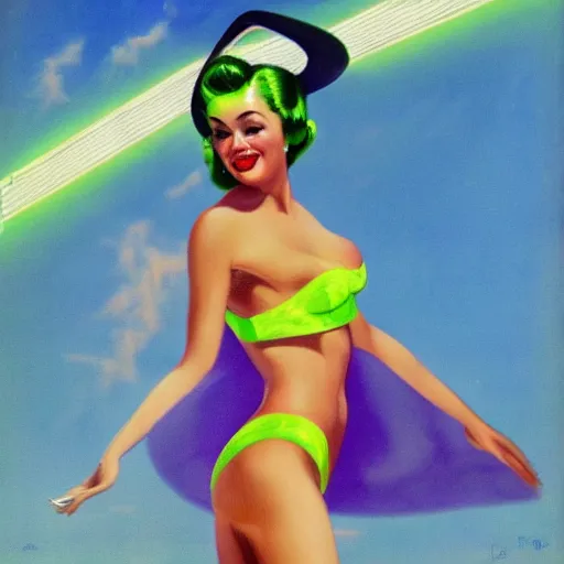 Image similar to portrait of pin up girl in a neon green bikini, visible aura of madness distorting the surroundings, occult details, high quality, 8 k by art frahm