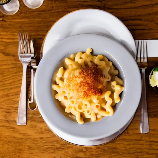 Image similar to dslr photograph of kraft macaroni and cheese, michelin starred restaurant, award winning photography