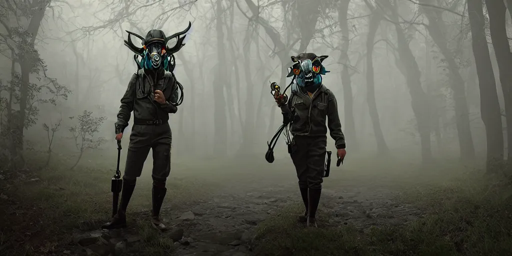 Image similar to a beautifully strange image of a gamekeeper wearing a dieselpunk mechanical fluorescent mystical animal mask. walking in the misty, dangerous river. in style of fornite game. award winning. dramatic. trending on artstation. high quality. rendered by beeple, by makoto shinkai, syd meade, digital art, unreal engine 5, fornite game. octane render