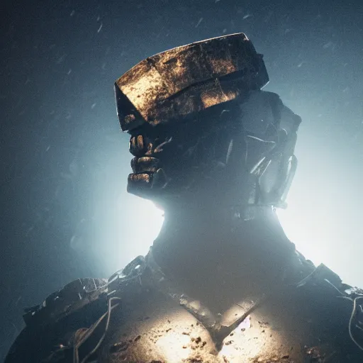 Image similar to cinematic, full body portrait, rock golem as a soldier smoking a cigarette, still from the movie predator fog, dramatic lighting, cinematic, 4 k, full body shot, spotlight from above, rim lighting, full body photograph, sharp, cyberpunk, bladerunner, extreme detail, light rain, trending on artstation, spot light