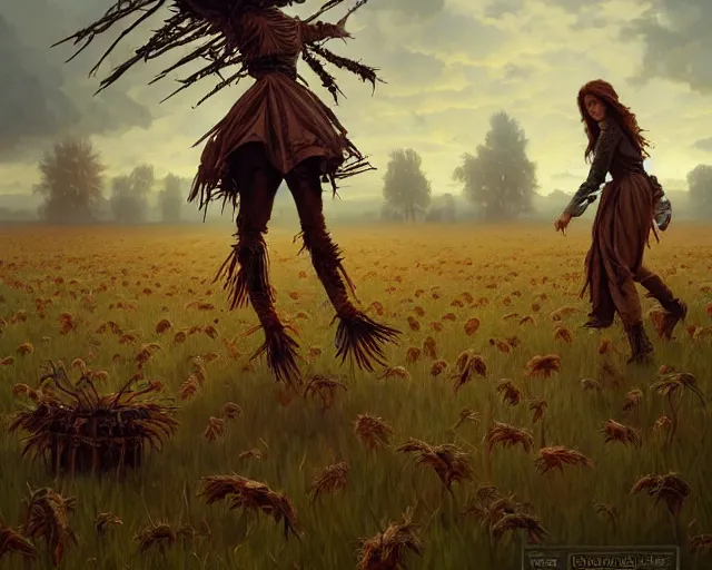 Prompt: field of scarecrows horror scene scary, deep focus, d & d, fantasy, intricate, elegant, highly detailed, digital painting, artstation, concept art, matte, sharp focus, illustration, hearthstone, art by artgerm and greg rutkowski and alphonse mucha