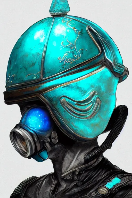 Image similar to turquoise helmet, Pilot's breathing mask, fantasy, magic, ultra detailed, digital art, trending on artstation, illustration