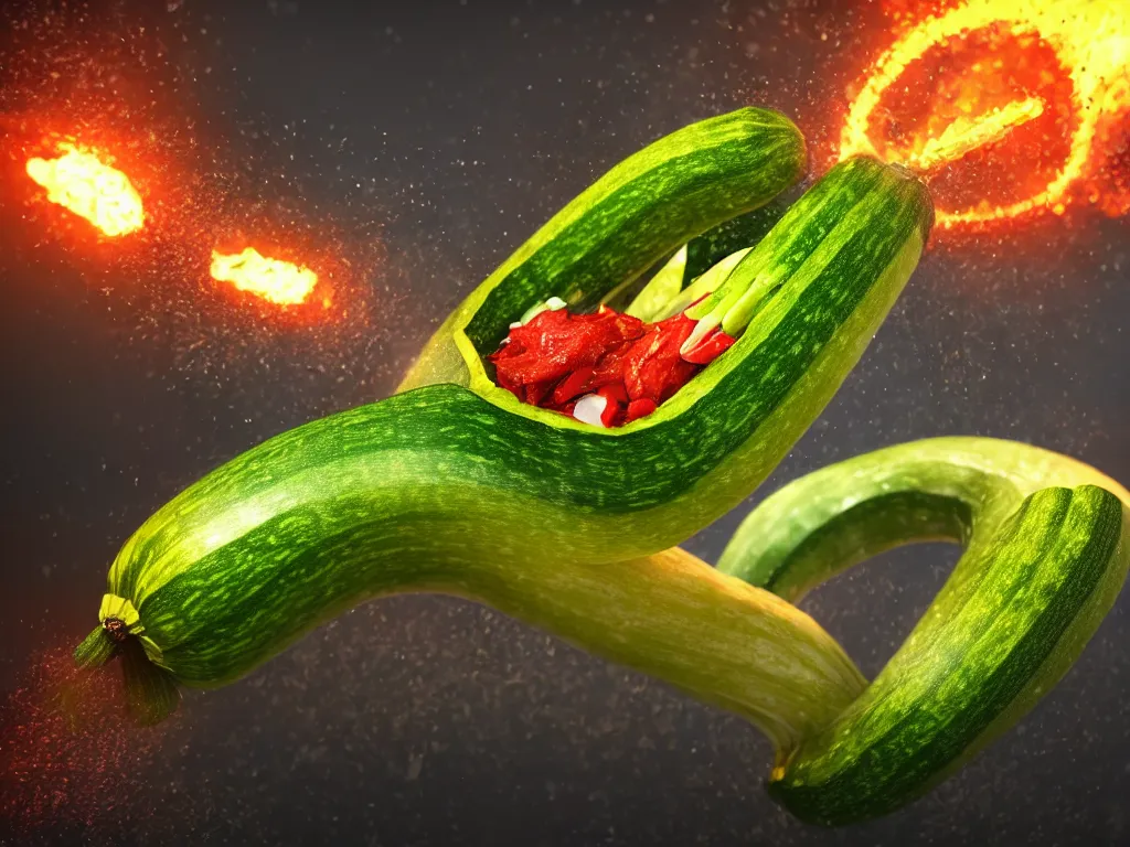 Image similar to detailed 3 d render of a raging zucchini!! character chasing!! down a desperate tomato!, high speed action, explosions, dramatic scene, hyper realistic octane render, cinematic lighting, deviantart, black sky, lowbrow, frame from pixar movie