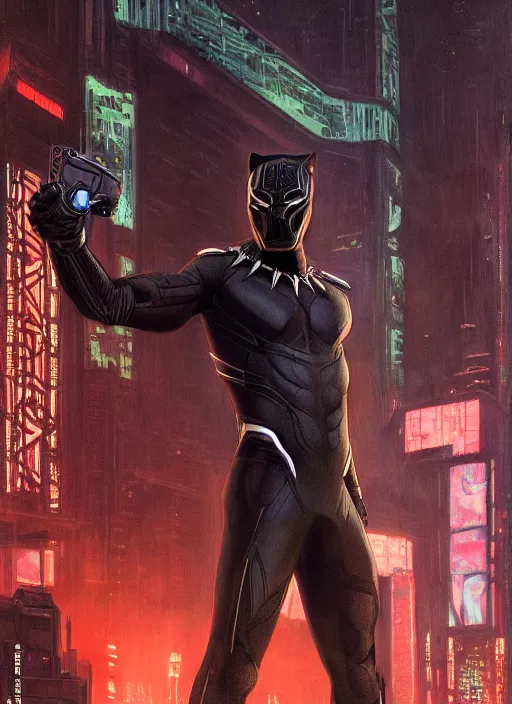 Prompt: black panther as a cyberpunk assassin in a cyberpunk stealth suit ( blade runner 2 0 4 9, cyberpunk 2 0 7 7 ). orientalist portrait by john william waterhouse and james gurney and theodore ralli and nasreddine dinet, oil on canvas. cinematic, hyper realism, realistic proportions, dramatic lighting, high detail 4 k