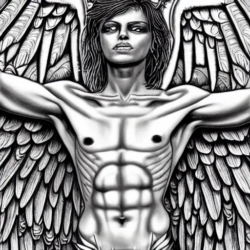 Image similar to beautiful androgynous fallen angel with tattoos on his body being cast from heavens, intricate, hd, high detailed, 4 k, art by grey rukowski