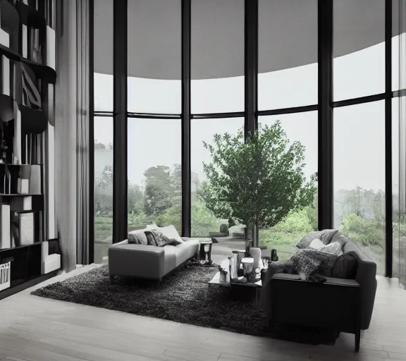 Image similar to brutalist black mansion luxury living room open space tall windows interior design minimalist organic, organic architecture furniture open space high quality octane render blender 8 k