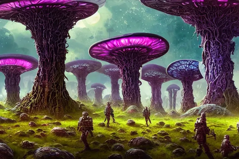 Prompt: Epic science fiction landscape. In the foreground is soldiers in battle-armor and a futuristic tank!!, in the background vibrant colourful alien trees and alien vegetation. Weird alien mushroom-like plants are between them. On the horizon a futuristic city. Vibrant colours, stunning lighting, sharp focus, extremely detailed intricate painting inspired by John Atkinson Grimshaw