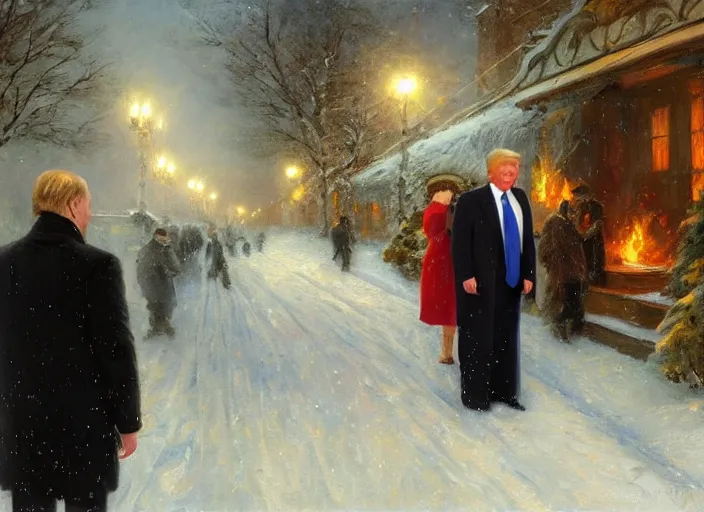 Prompt: american donald trump secretly selling highly classified nuclear documents to russian president vladimir putin in a dark snowy alley by vladimir volegov and alexander averin and pierre auguste cot and delphin enjolras