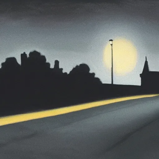 Prompt: a black cat in the middle of a road with streetlight at mid night with the moon in the back. Made by Jason Degraaf, Edward Hopper, Don Eddy. Hyper realistic, unreal 5, artstation, high detail.