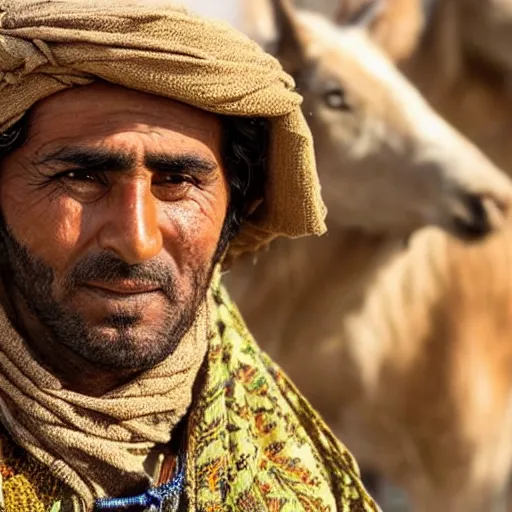 Image similar to Close up of a Kurdish shepherd wearing Kurdish clothes in a movie directed by Christopher Nolan, movie still frame, promotional image, imax 70 mm footage