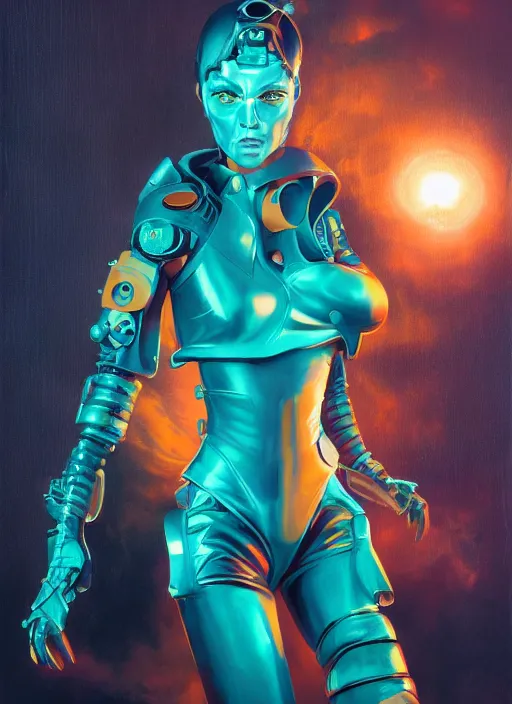 Image similar to symmetry!! dynamic pose! closeup portrait of a cyborg pirate girl, fashion cyber jumpsuit with big shoulder pads, cinematic light, backlight, windy, teal orange, smoke trails, dust particles, by gerald brom, by mikhail vrubel, by peter elson, muted colors, extreme detail, trending on artstation, 8 k